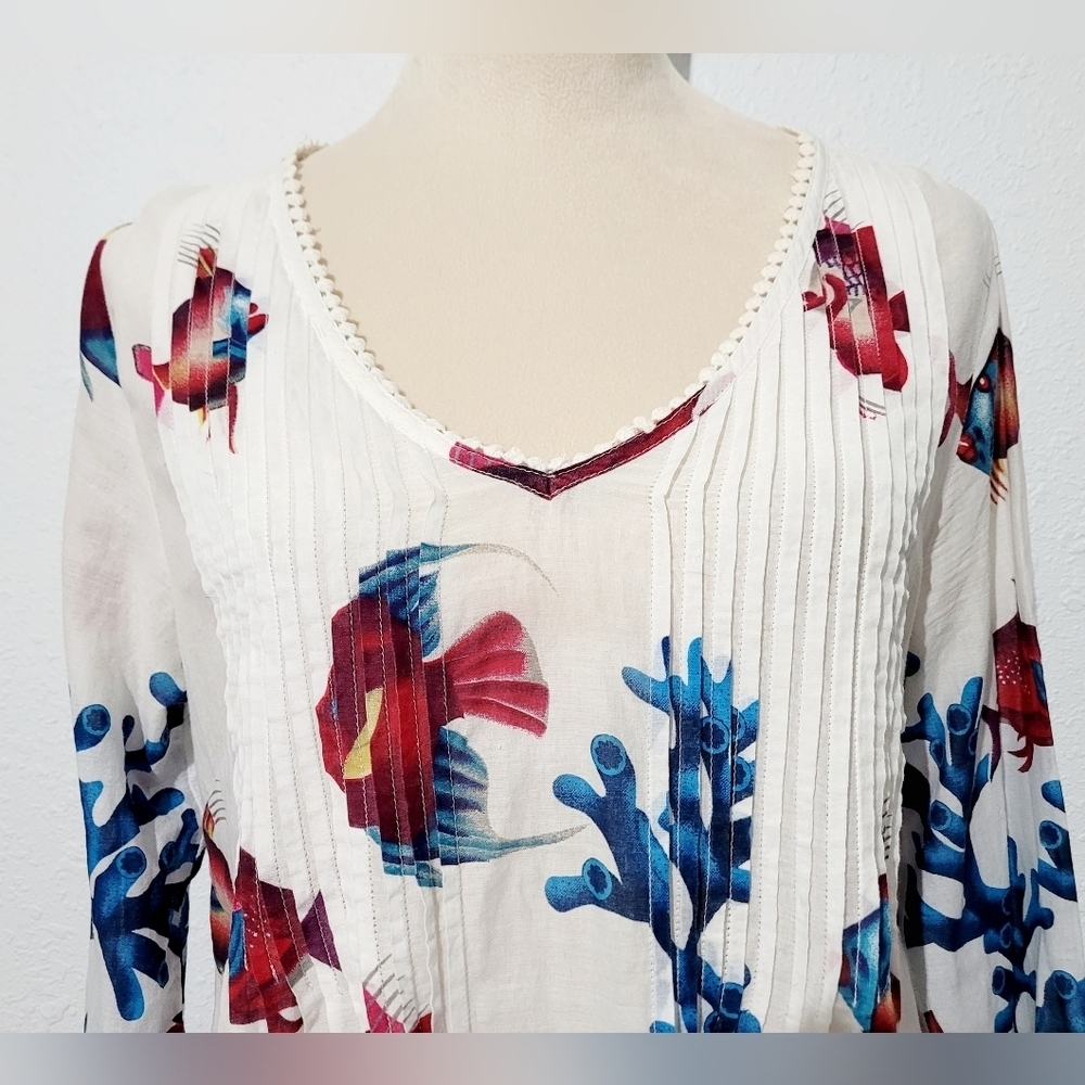 Soft Surroundings Oversized XS 100% Cotton Tunic Blouse Fish Coral Print Woman - Picture 5 of 13